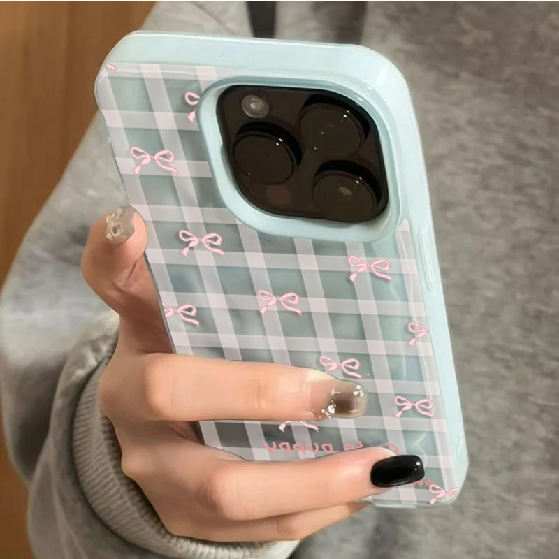 Best Friend Niche French Gentle Mint Green Plaid Bow Soft Phone Case for iPhone 17 17E 16 15 14 13 12 11 Pro Max Cover Funda