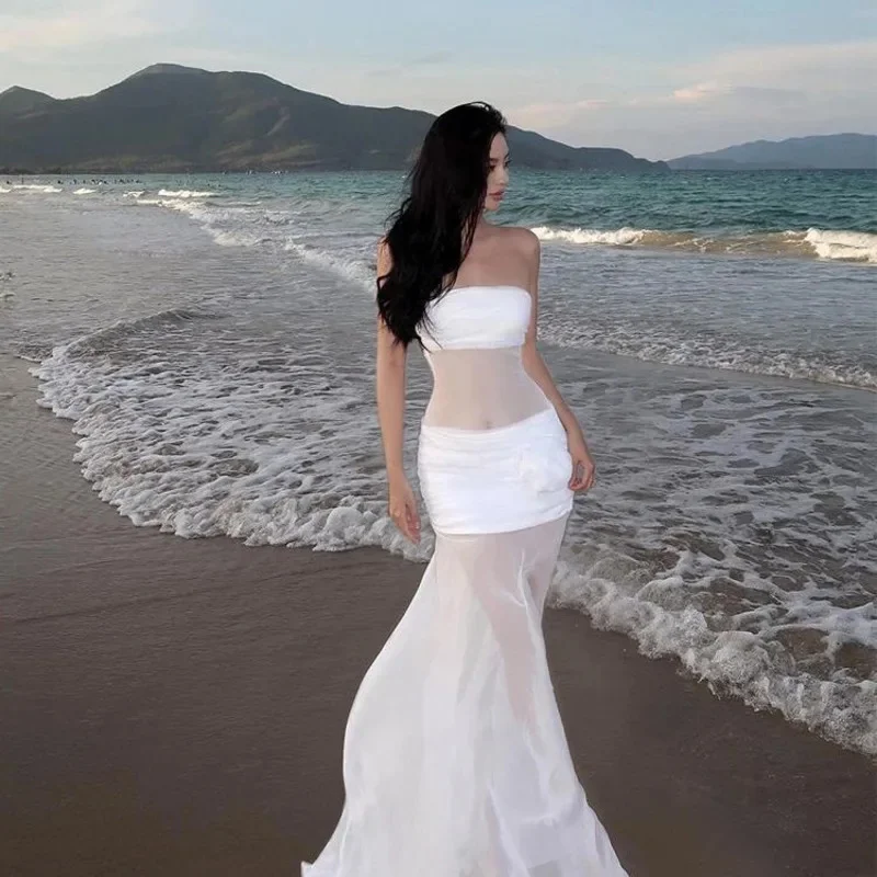 Vestido largo elegante con hombros descubiertos y espalda descubierta para mujer, vestidos sexis sin tirantes con flores de malla y retazos, vestidos ceñidos para fiesta y discoteca 2025