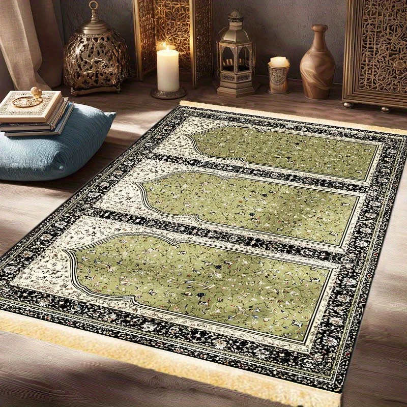 VIKAMA Dark green floral Islamic vintage-style multi-person prayer rug Durable Muslim prayer mat for home use Ramadan floor mat