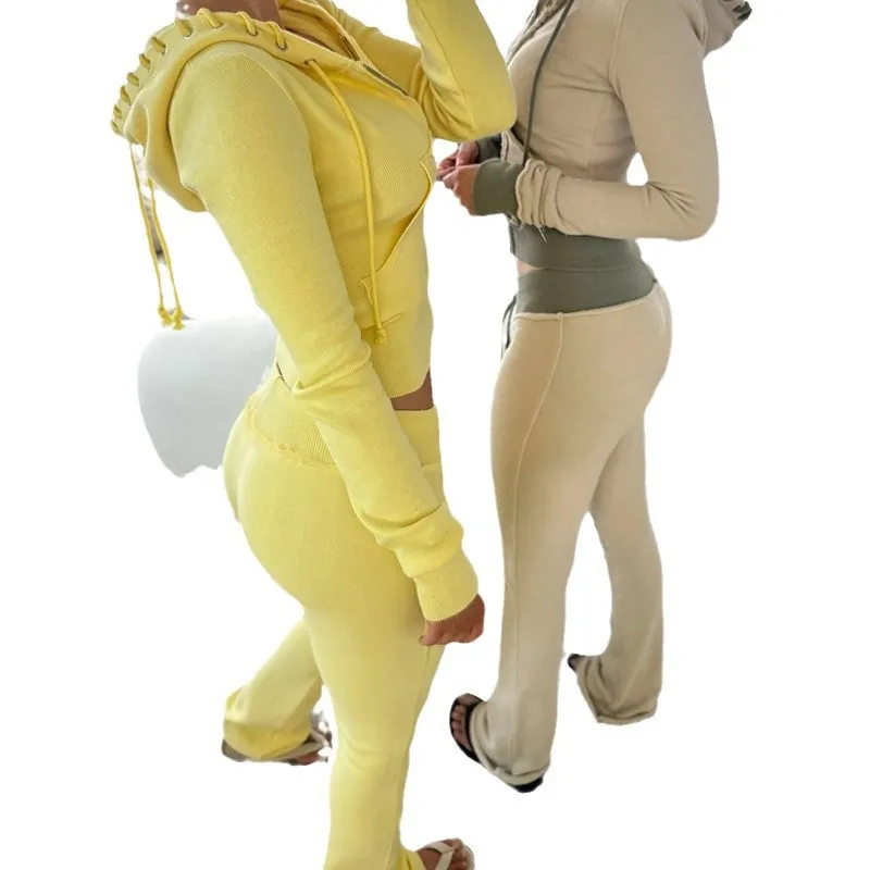 秋冬ファッションストリート女性ツーピースカジュアルソリッドカラージッパーカーディガンスリムパーカーボディビルパンツ付きスポーツスーツ