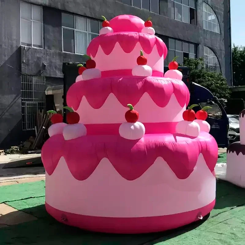 Globo inflable gigante rosa para pastel de feliz cumpleaños con cereza roja para decoración de fiesta de aniversario