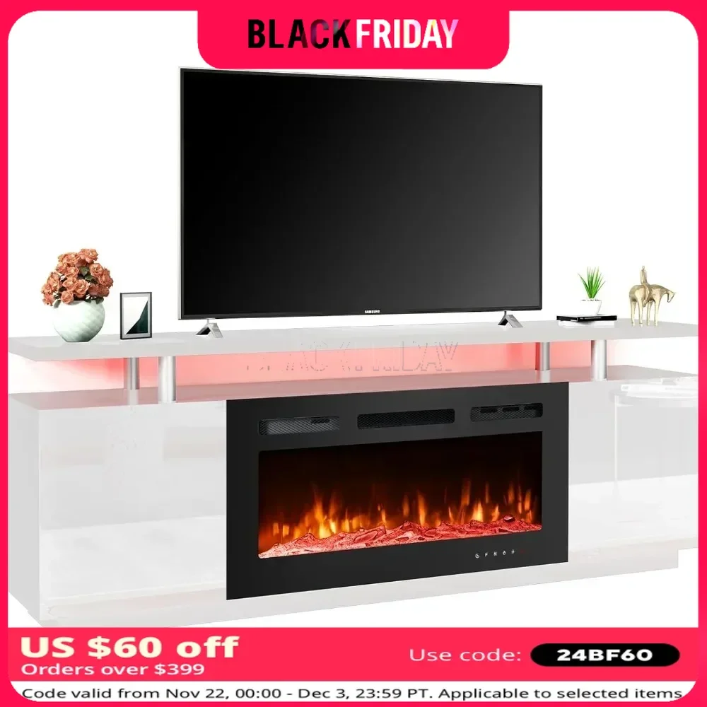 TV Stand with 2 Flame Fireplace Insert Heater and 16 Color Led Lights, TVs Up To 80'', 70'' Fireplace TV Console