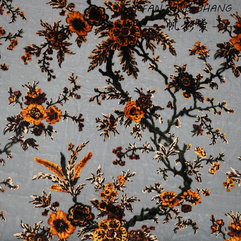 The Black Bottom Yellow Flower Burnt Out Velvet Fabric For Dress Telas Para Costura Tissus Couture ткань Cloth Material