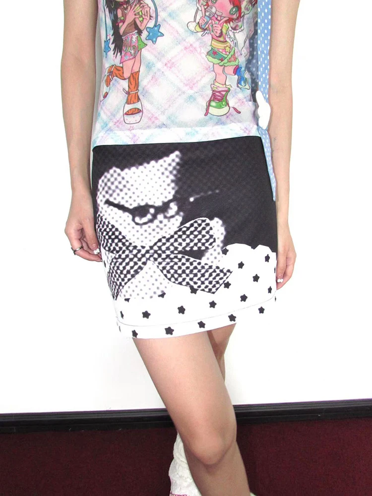 Kawaii Cat Print Mini Skirts for Women Summer High Waist Sweet Star Polka Dot A Line Skirts Y2K Harajuku Preppy Punk Skirts
