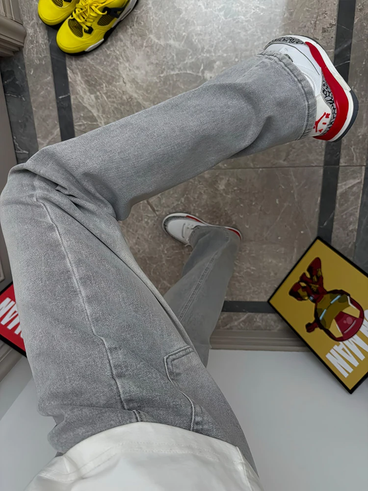 Smoky Grey Micro Flared Jeans Tall Men's Extended American Retro Style Slim Straight Leg Bell Bottoms Youthful Trend Denim Pants