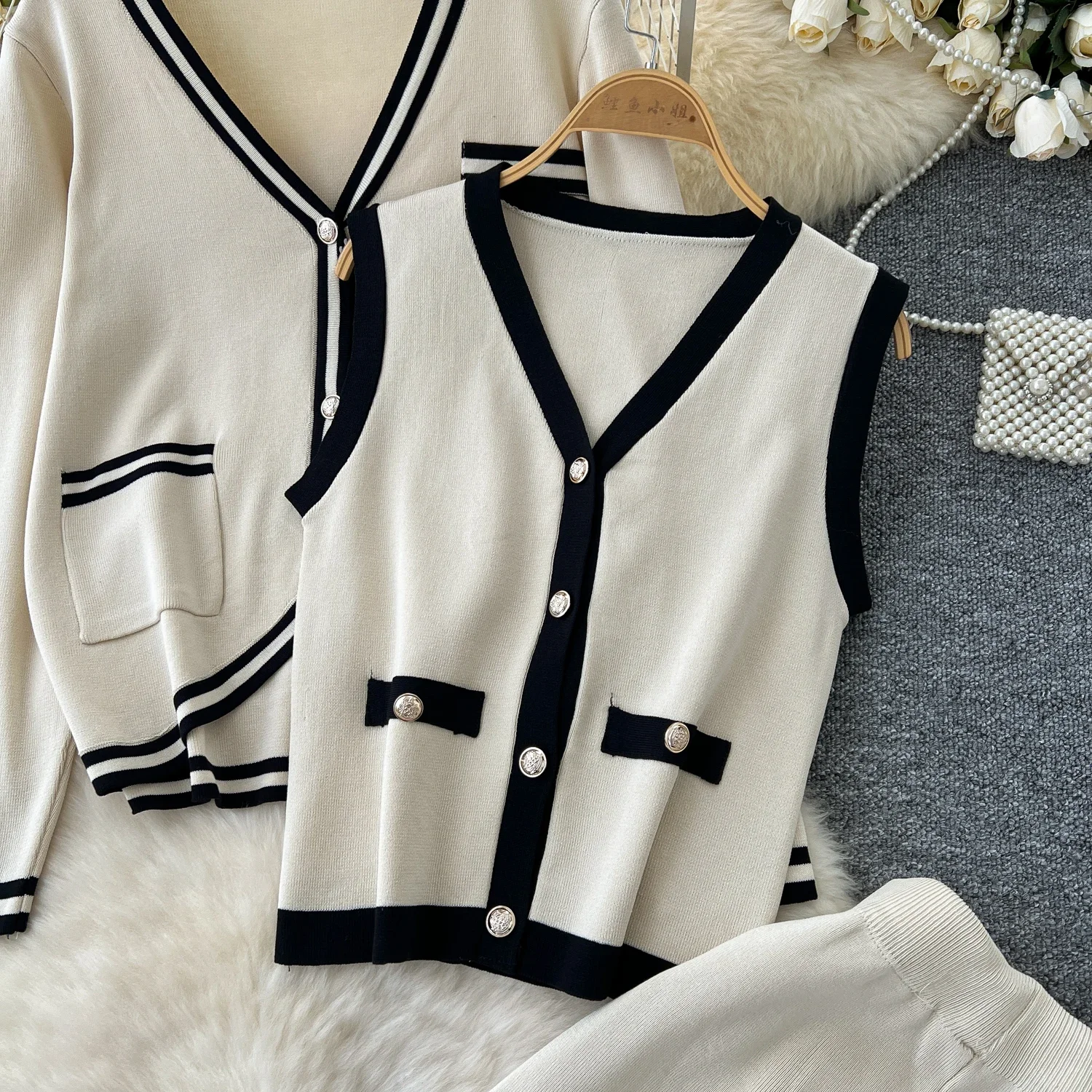 Chic Three-piece Sets Sweet V-neck Patchwork Vest Long Sleeve Knit Coat Basics Wide Leg Pants High Street Women Winter Clothing