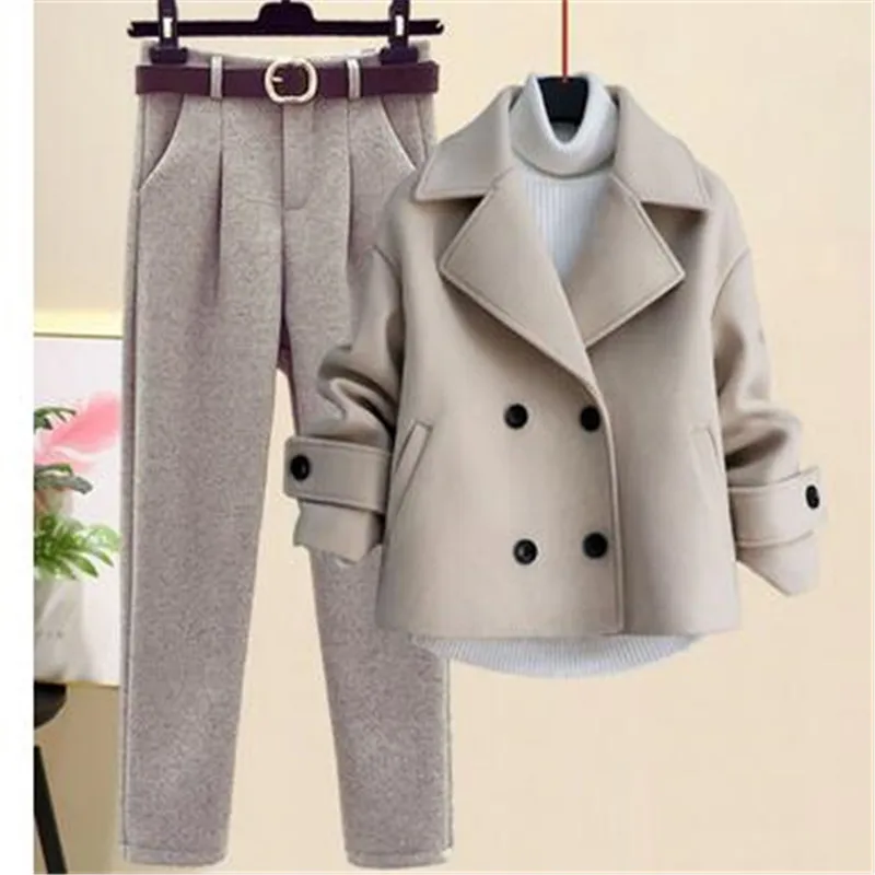 2023 Autumn Winter Wool Suit Jacket Jacket Long Sleeve Knitted Sweater Casual Trousers Three Piece Set Elegant Women's Pant Set