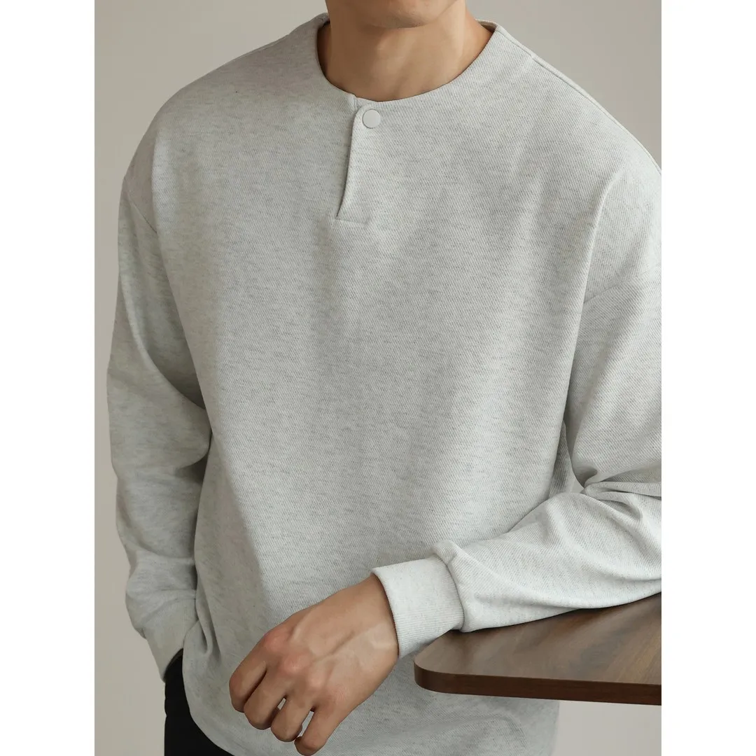 Camisa de Manga Longa para Negócios, T-Shirt de Cor Sólida com Gola Henry, Moda Masculina Simples para Outono e Inverno, Cami...