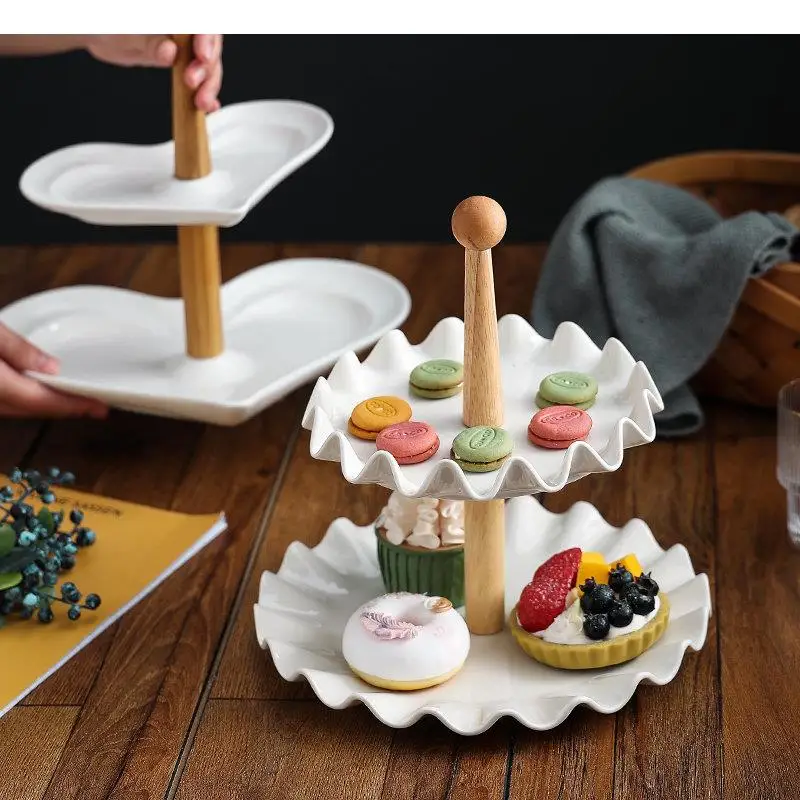 Simple Double Layer Ceramic Fruit Plate Wooden Stand Snack Candy Display Racks Home Kitchen Tableware Snacks Cake Dessert Plates