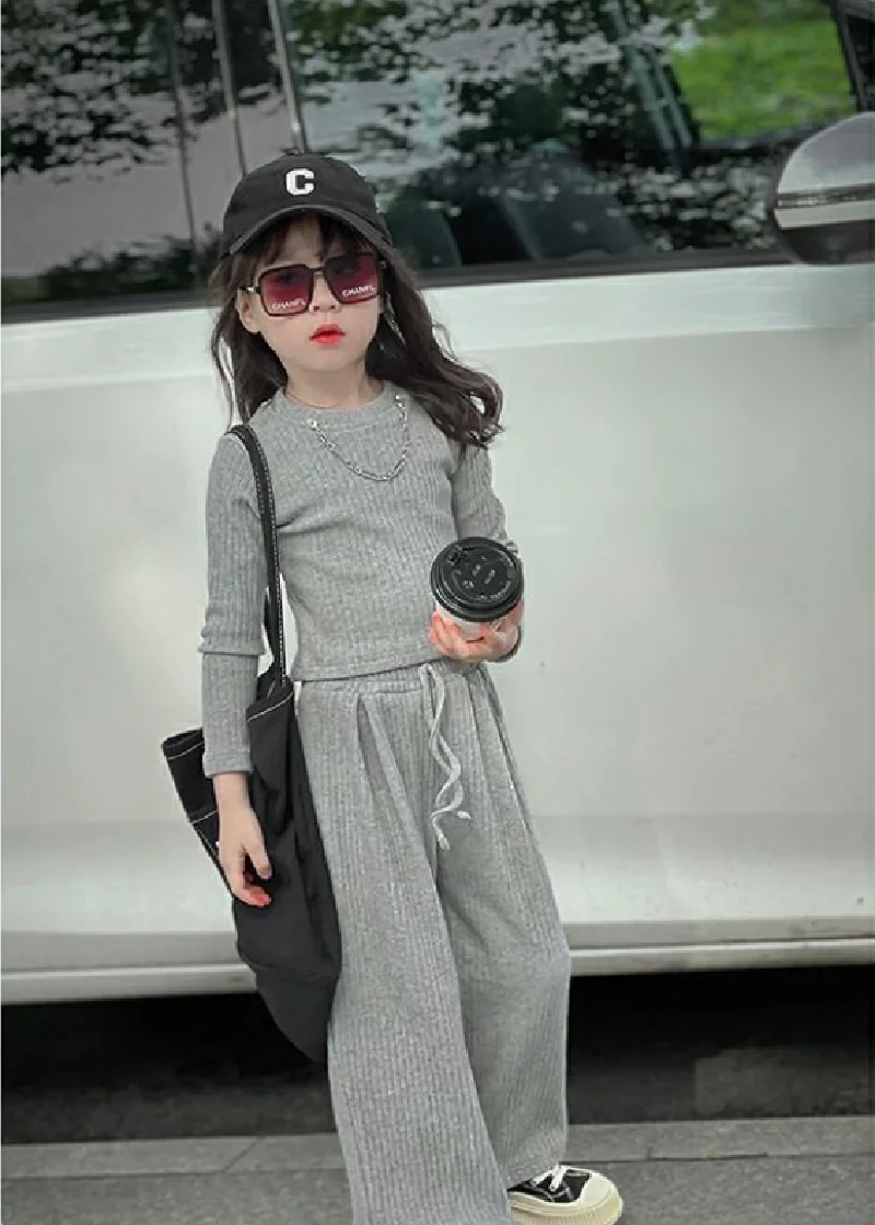 Girls Solid Clothes Sets Summer Children Long Sleeve Suits Kids T-shirt Tops+Pants 2Pcs Teenage Sport Casual Outfits 2-8 Years