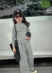 Girls Solid Clothes Sets Summer Children Long Sleeve Suits Kids T-shirt Tops+Pants 2Pcs Teenage Sport Casual Outfits 2-8 Years