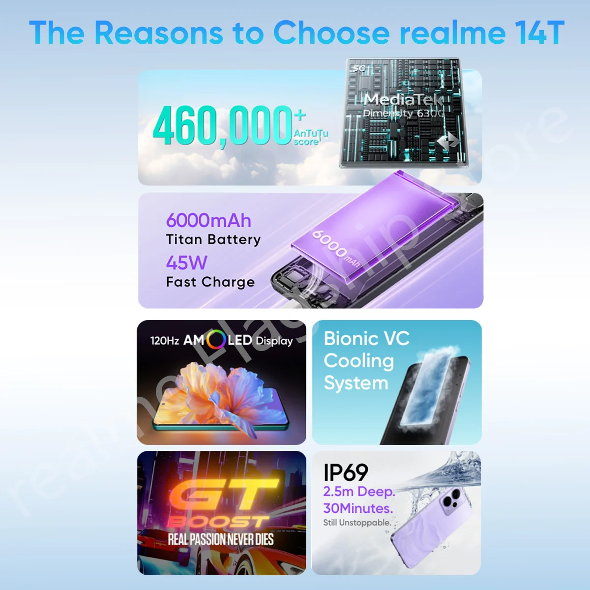 realme 14T 5G Smartphone Versión EU MediaTek Dimensity 6300 Pantalla AMOLED de 6.67” y 120Hz Batería de 6000mAh Carga Rápida de 45W 3