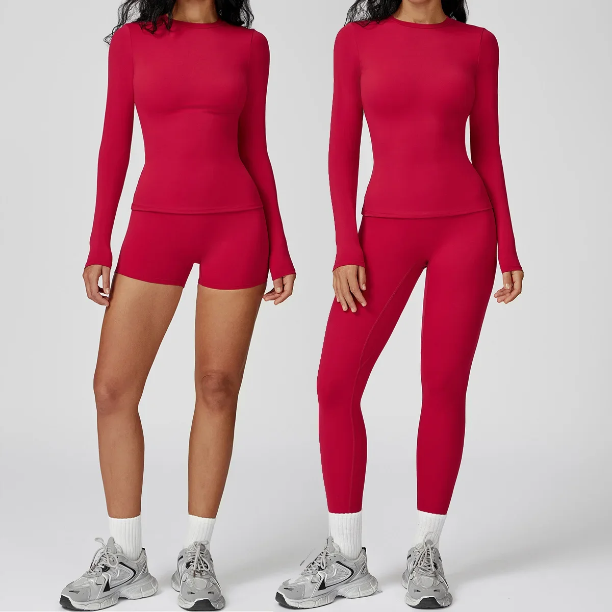 Yoga Set 2PCS Women Long Sleeve Crop Top Slim Fit High Waist Leggings Fitness Suit Workout Gym Running Shorts Tracksuit