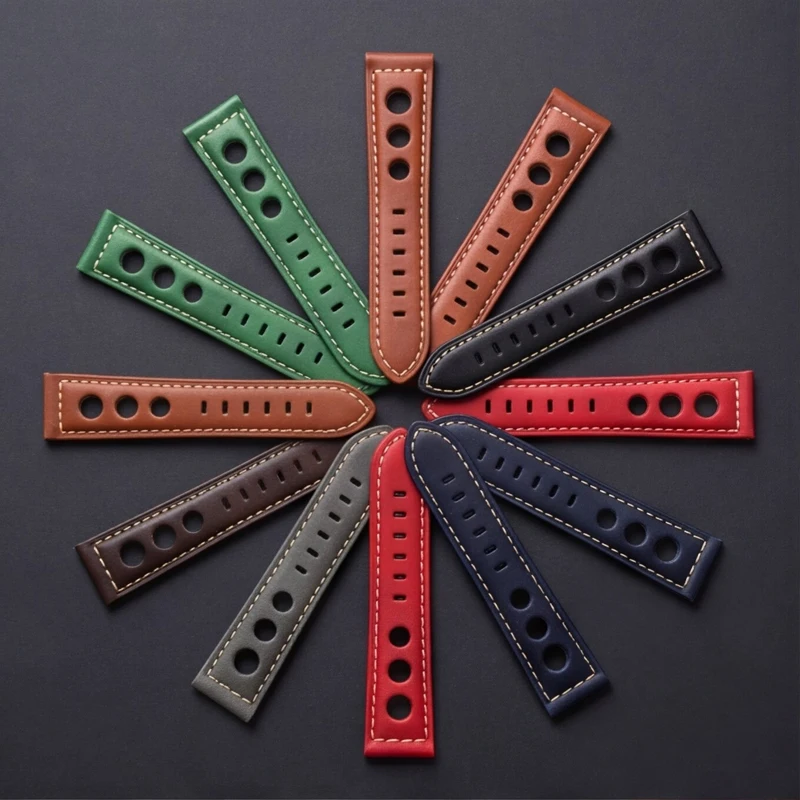 Personalized cutout cowhide leather watch strap, 22mm width, stainless steel pin buckle.