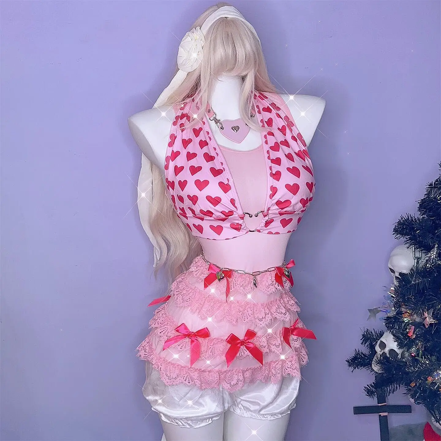 Conjunto de 5 piezas de estilo Y2K E-Girl, estampado de corazones rosas, bikini lindo, chaleco con lazo de encaje con volantes de tul, pantalones tipo calabaza, cinturilla y collar.