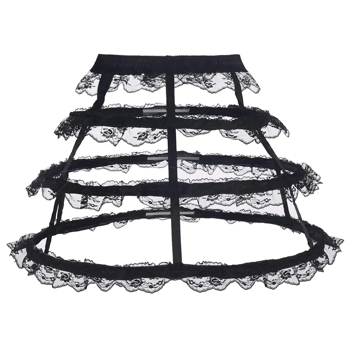 

Woman Black Hollow Cage 3- Hoop 4 -Layer Lace Skirt Petticoat Underskirt Ballgown Waistband Lolita Dance Pannier Crinoline