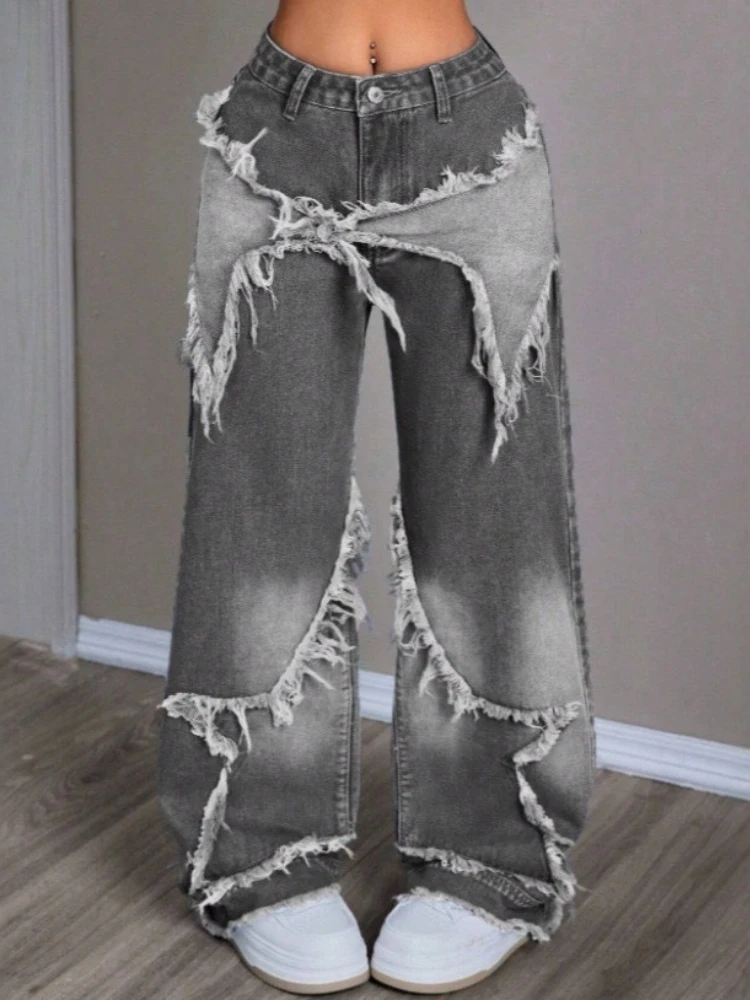 HOUZHOU Vintage Y2k Gray Jeans Women Star Patchwork 90s Gothic Denim Trousers Harajuku 2000s Black Baggy Jean Pants Aesthetic
