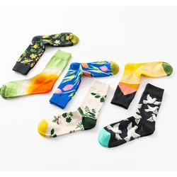 1 Pair Couple Socks Harajuku Style Art-painted Flower Plant Pigeons Suit in All Seasons For Daily Dress Streetwear