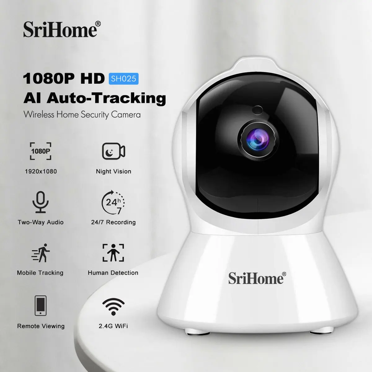 Srihome 2-мегапиксельная Wi-Fi камера для умного дома, внутренняя беспроводная IP-камера наблюдения, AI-обнаружение, автоматическое отслеживание, охранная радионяня