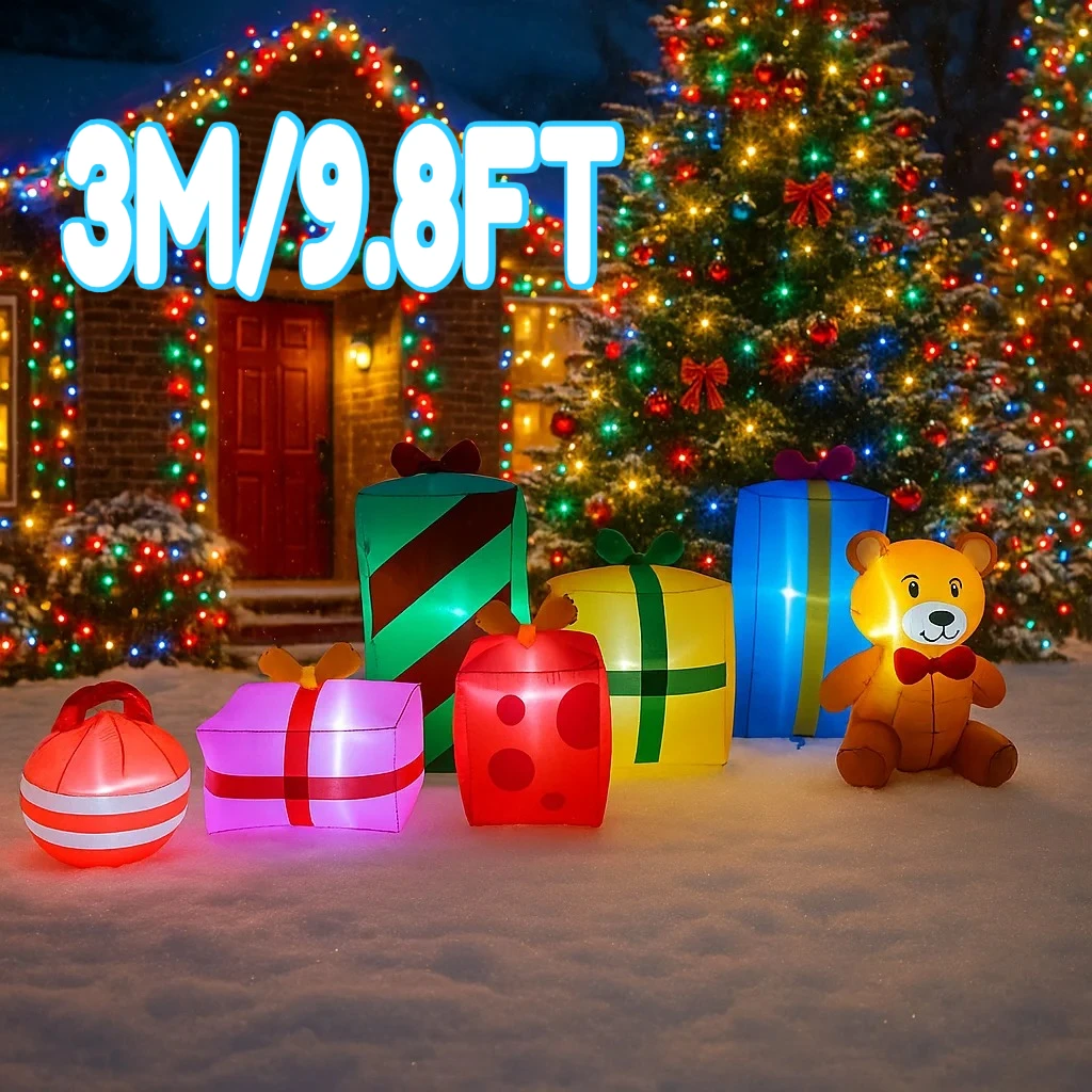 

3M/9.8FT Inflatable Christmas Gift Boxes Teddy Bear Lawn Lights LED Home Decor Toy Yard Xmas Holiday Ornament Supplies with Snow