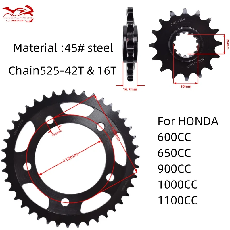 For Honda CB600 CBF600 CBR600 600CC CB CBR 650 CBR900 RR XL1000 Rebel DTC Motorcycle Front Rear Sprocket Chain 525 15 T 42 Teeth