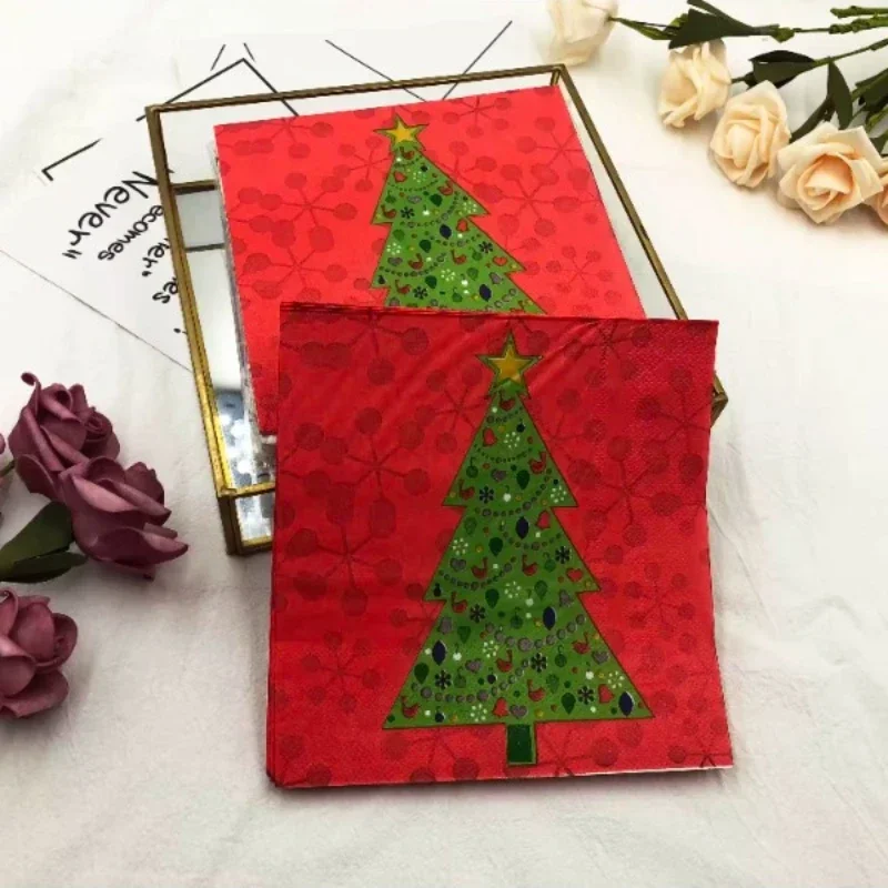 Customized Colorful Printed Napkin Creative Christmas Tree Folded Facial Tissue Party Restaurant Cafe Square Paper Napkin 33cm