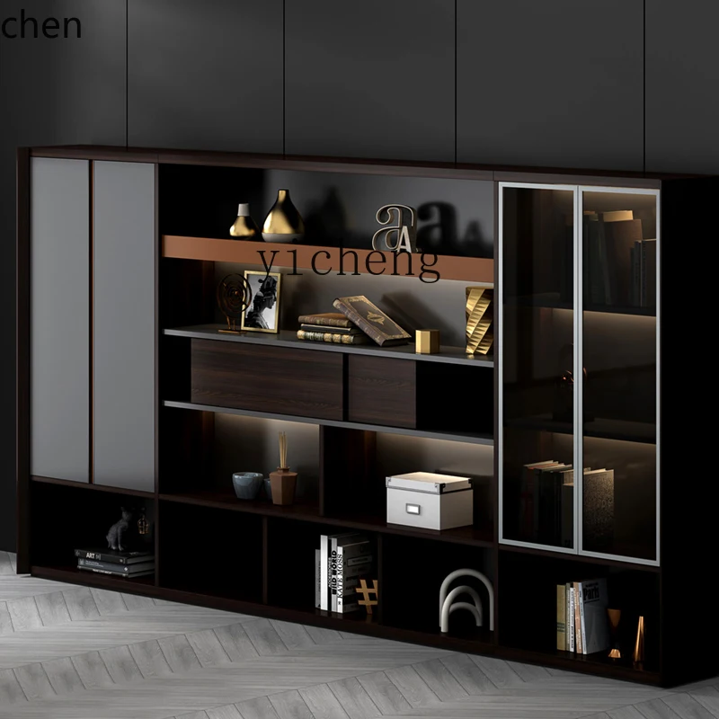 ZML office furniture file cabinet light luxury office background cabinet atmospheric wooden double opening sliding door bookcase