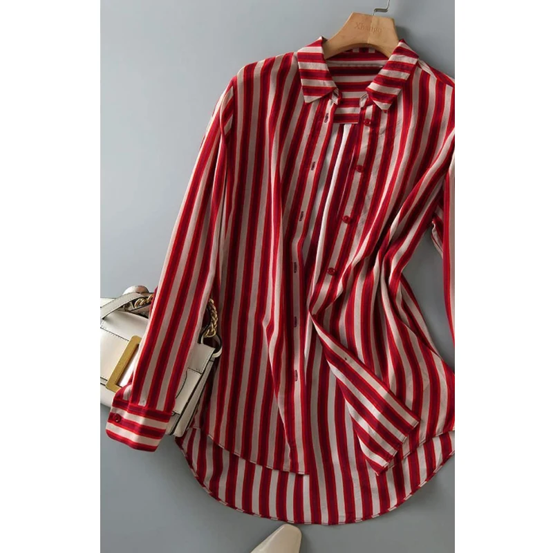 Vintage Classic Chique Rood Gestreepte Lange Mouw Office Lady Knoop Up Shirts Losse Commute Tops Blouses Voor Vrouwen Kleding