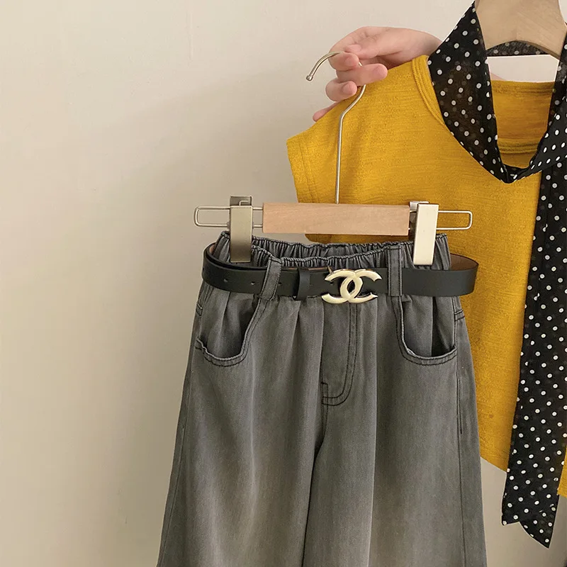 بدلة بناتي لصيف 2025 ملابس أطفال جديدة تي شيرت بناتي غير منتظم بأكمام قصيرة تي شيرت جينز فضفاض مجموعتين غير رسمية بسيطة