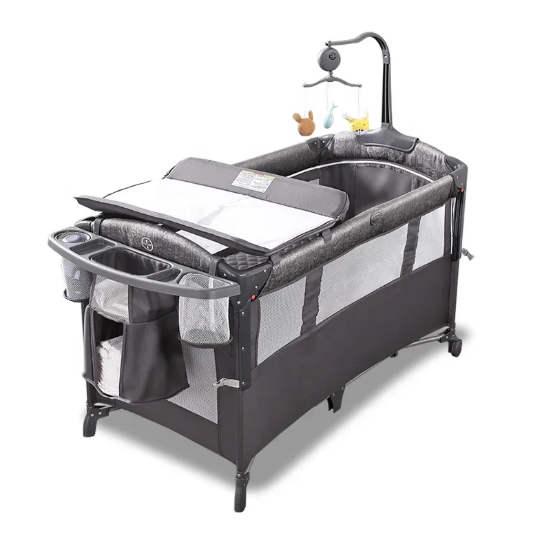 2023 Hot selling style can be OEM adjustable baby travel folding bed bedside bed crib side bed with wheels and diaper table