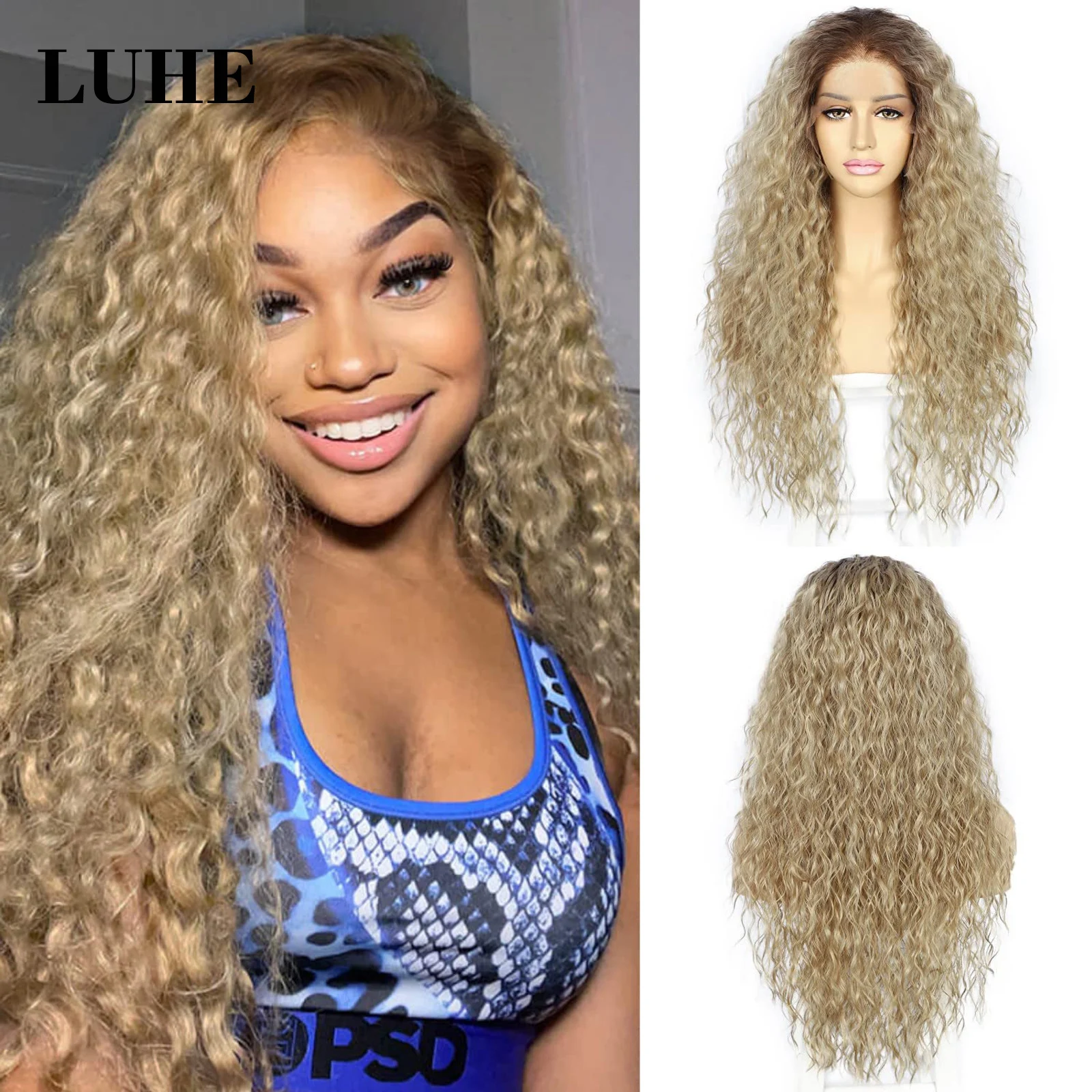 Kinky Curly Ombre Ash Blonde 13x3 Lace Front Wigs for Black Women Long Loose Curly Synthetic Hair Lace Frontal Wigs Daily Use