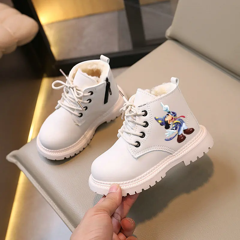 Mickey Mouse Children Boots Boys Girls Cartoon Mickey Snow Boots Winter Plush Warm Shoes Toddle Non-slip Ankle Boots