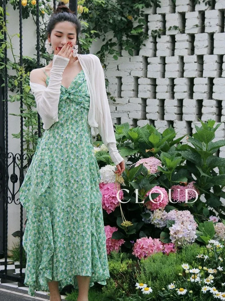 New Women Summer Chiffon V-Neck Ruffles Green Fresh Print Long Dress Elegant Temperament Thin Slim Mori Girl Style Vestidos