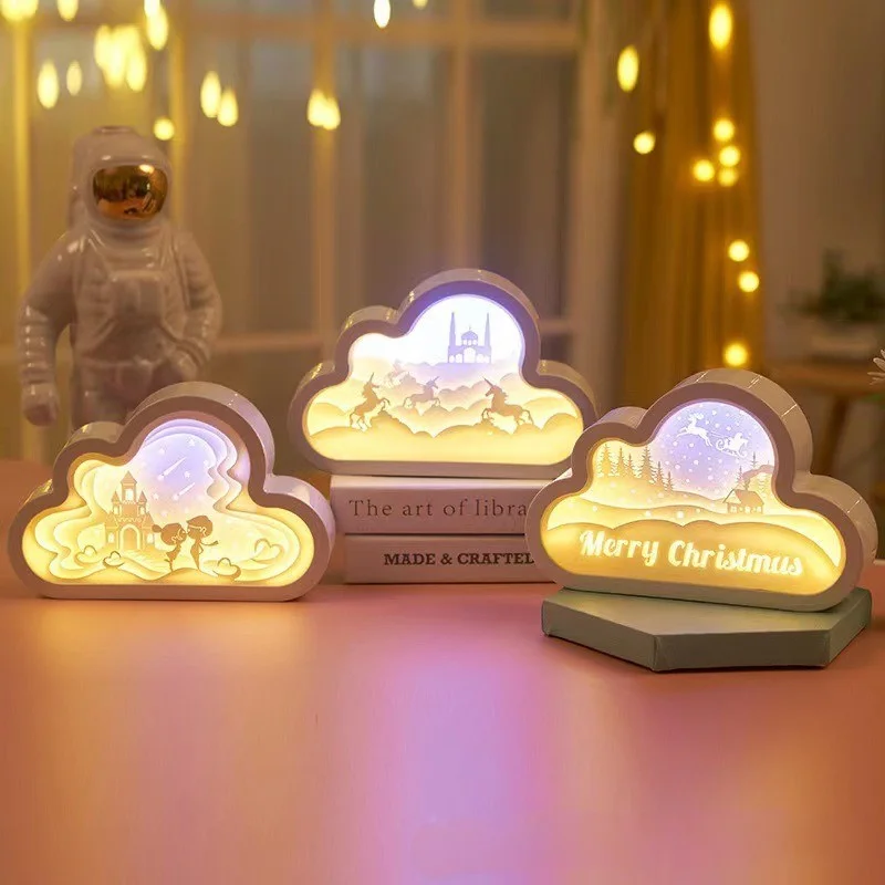 Neue Holzmaserung Wolke Stil Licht und Schatten 3d Papier Schnitz lampe Geburtstags geschenk für Mädchen Schlafzimmer Dekoration Nacht Nachtlicht