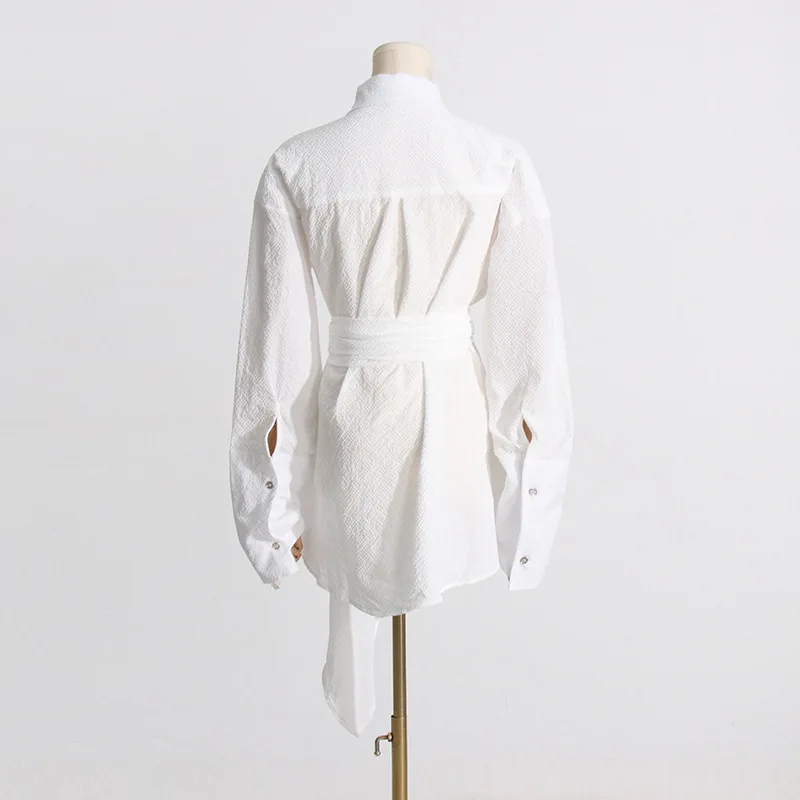 HKSH Spring Autumn New Women's Shirt Solid Color Belt Waist Cinching Versatile Elegant Trendy Blouse Fashion Casual Tops HK15526