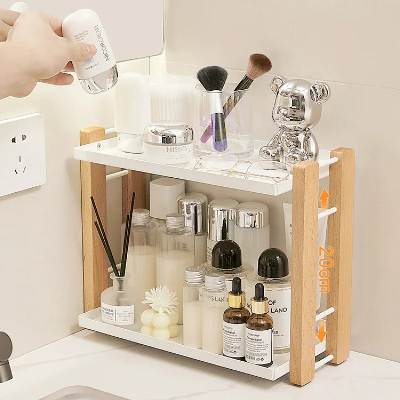 

Solid wood bathroom vanity shelf sink desktop dressing table vanity box skincare storage box living room cup storage shelf