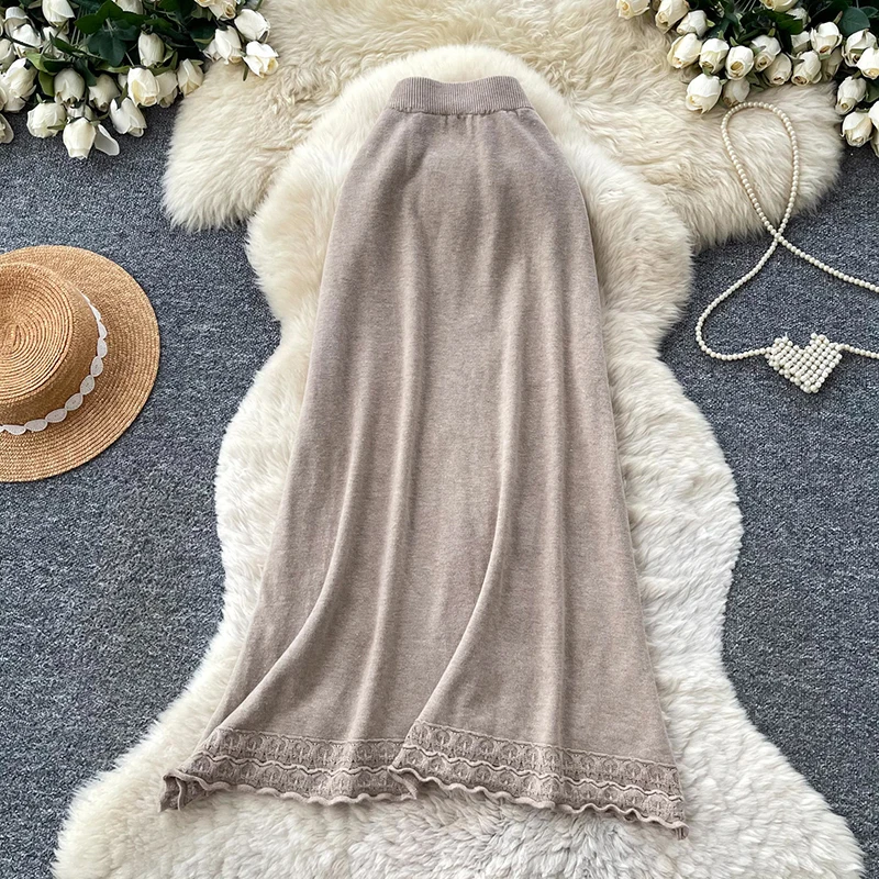 Women Knit Skirt Korean Style Casual High Waist A Line Midi Skirt Fall Patchwork Niche Elegant Knit Skirt Female Faldas SK149