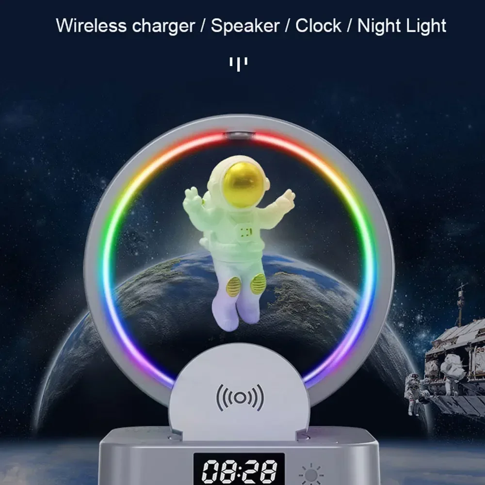RGB LED Light Pick-up Sound Stereo Audio Music Player Blue Tooth 5.0 Mini Astronaut Wireless Speaker With Night Clock