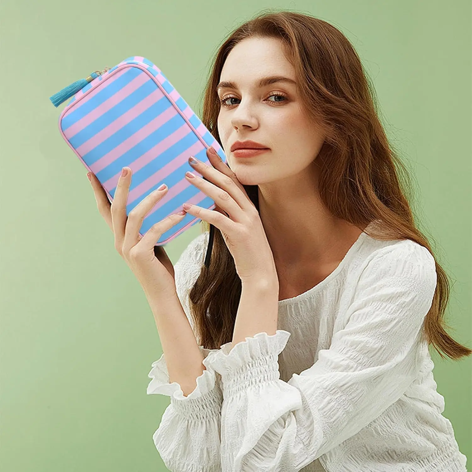Große gestreifte tragbare Kosmetiktasche für Damen, Make-up-Tasche mit Quasten und Reißverschluss, große Kapazität, lässige Tragetasche mit Reißverschluss – Detail 11