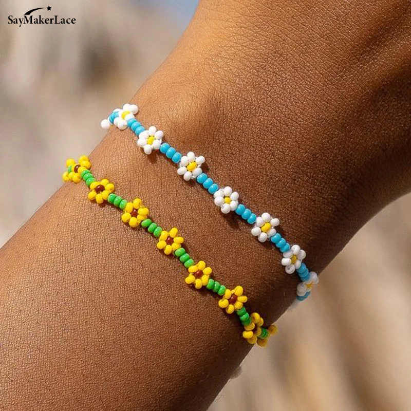 1pcs Cute Daisy Flower Beaded Bracelet For Women Fashion Bohemian Colorful Lovely Charm Stretch Bangle Accessories