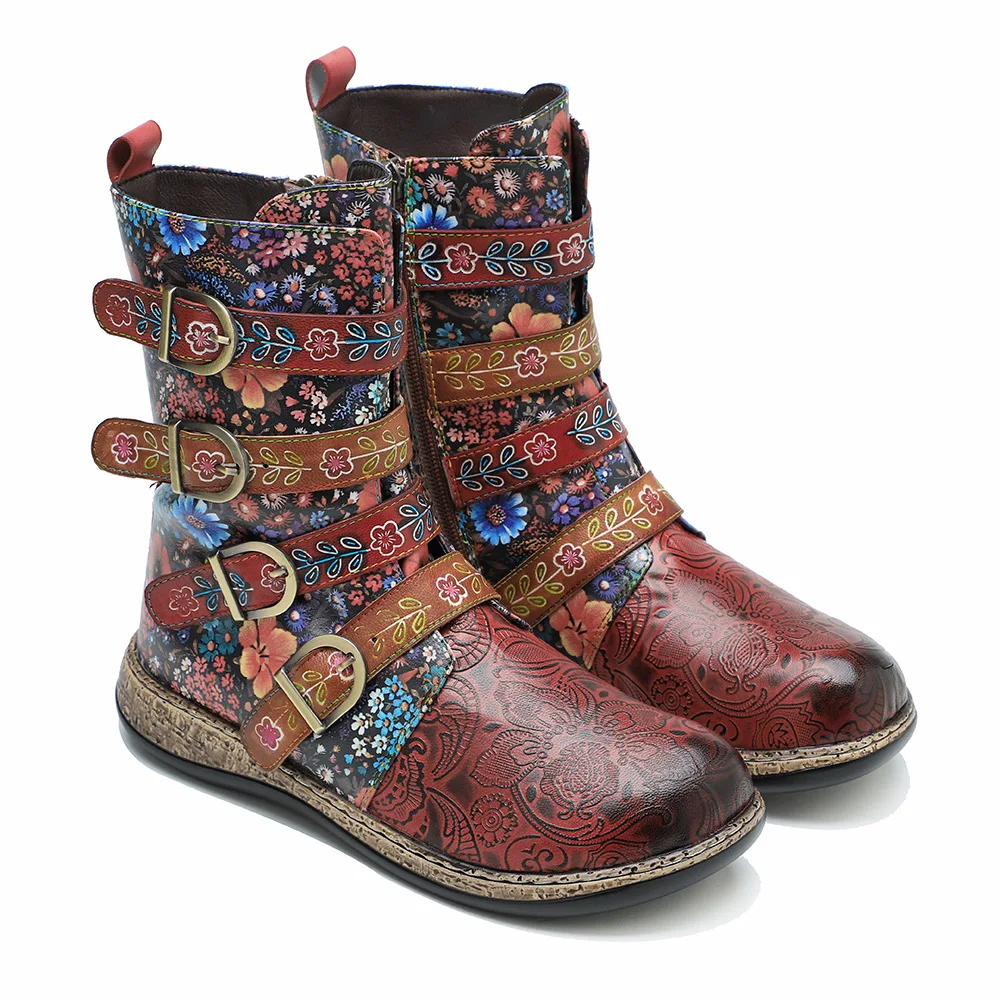 Socofy Raffan Stivali da donna casual piatti comodi floreali retrò