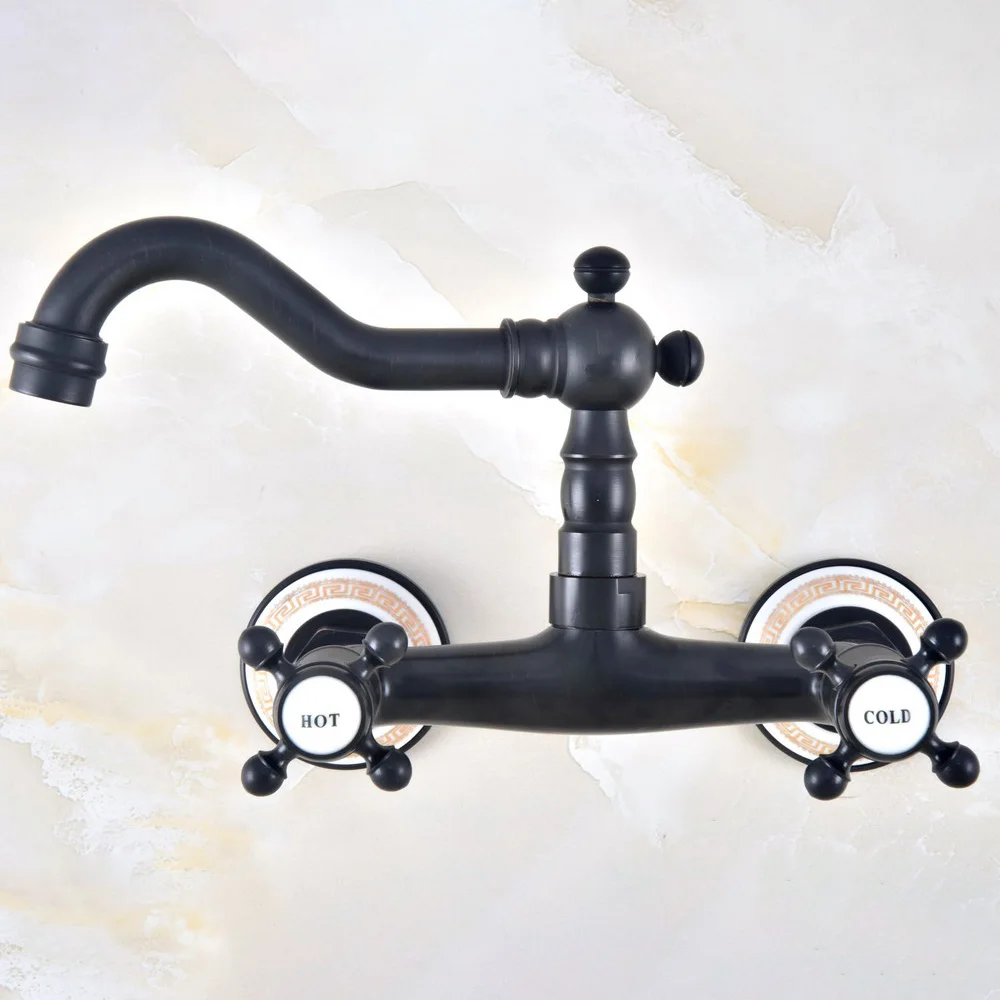 

Black Oil Rubbed Brass Two Handles Wall Mounted Kitchen Bathroom Swivel Spout Faucet Mixer Tap anf455