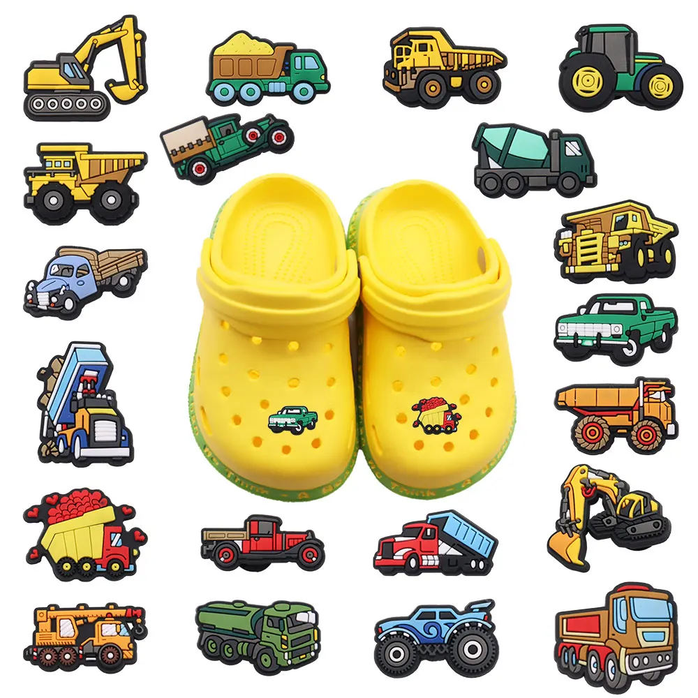 Wholesale 50pcs Shoe Charms Excavator Crane Transport Truck PVC Garden Shoe Buckles Decoration Fit Hot Gift Kids X-max Gift