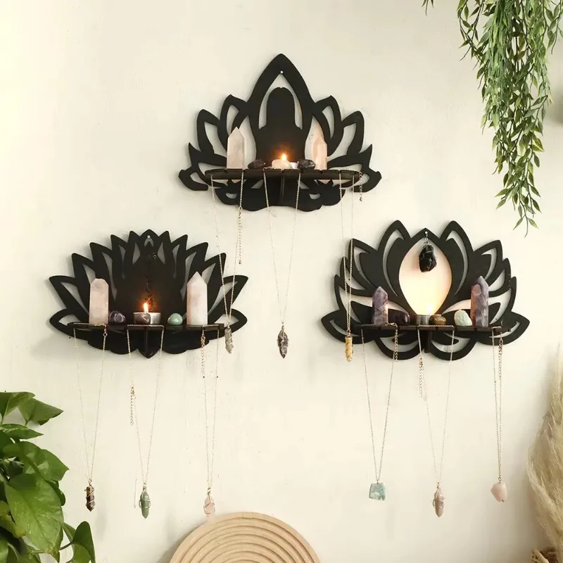 Wooden Wall Shelf Lotus Crystal Display Stand for Boho Home Decor Aesthetic Room Accent for Living Room and Meditation Corner