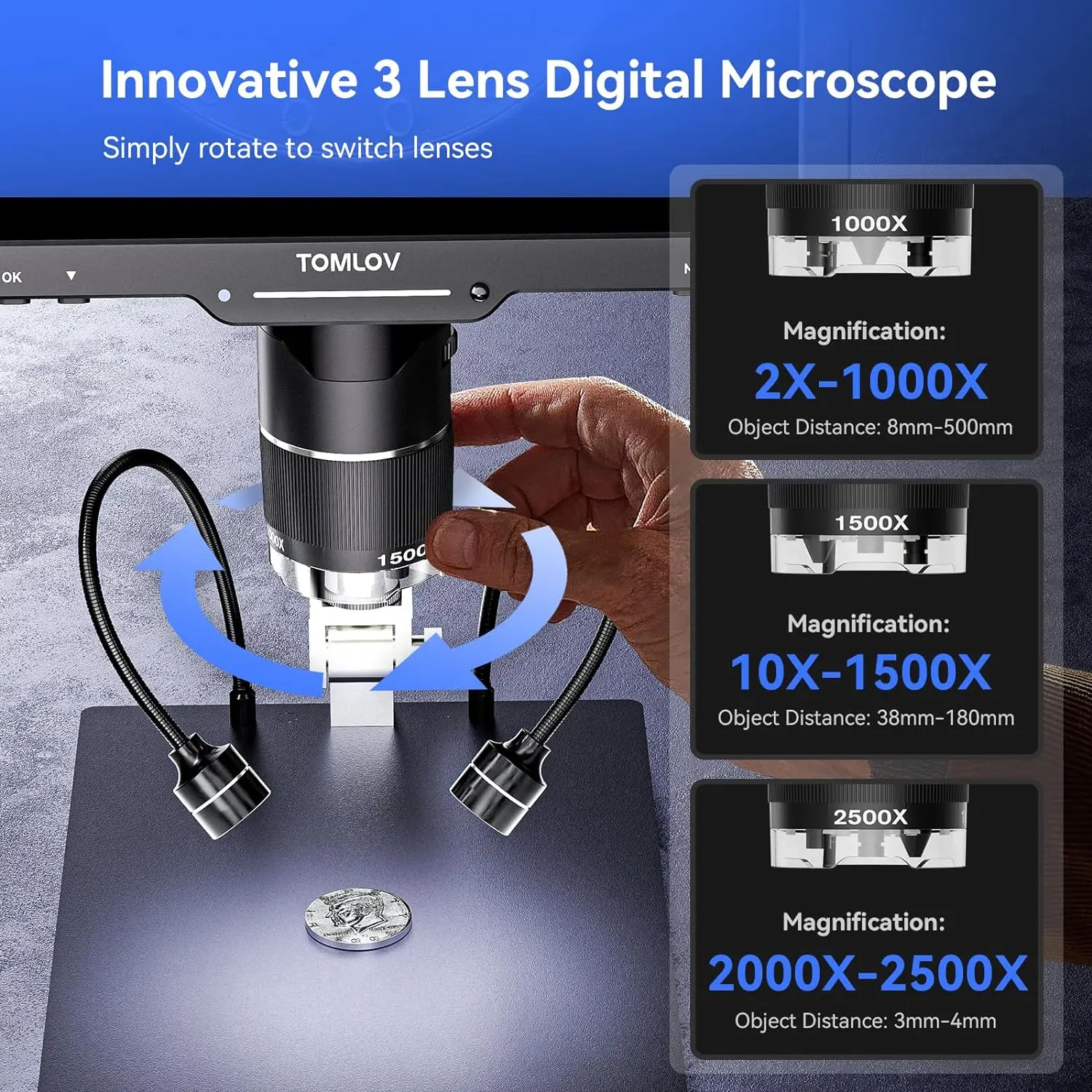 Imagem -02 - Microscópio Digital Câmera Lupa 2k Hdmi 2500x Eletrônica Solda Tela Ips 10.1 Lens Tomlov-tril110