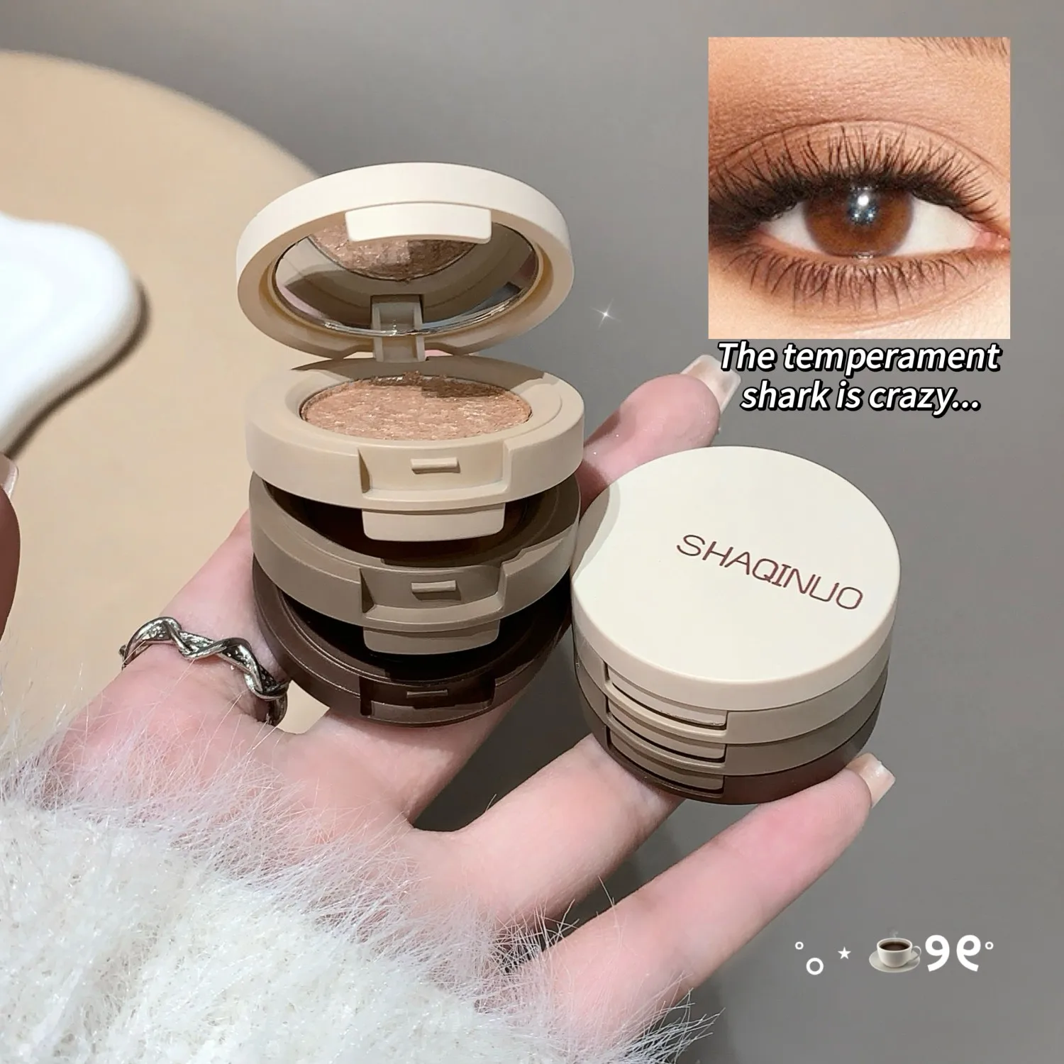 SHAQINUO 3 레이어 3 색 올인원 아이 섀도우 케이크 펄 파인 글리터 다기능 올인원 아이 섀도우 팔레트