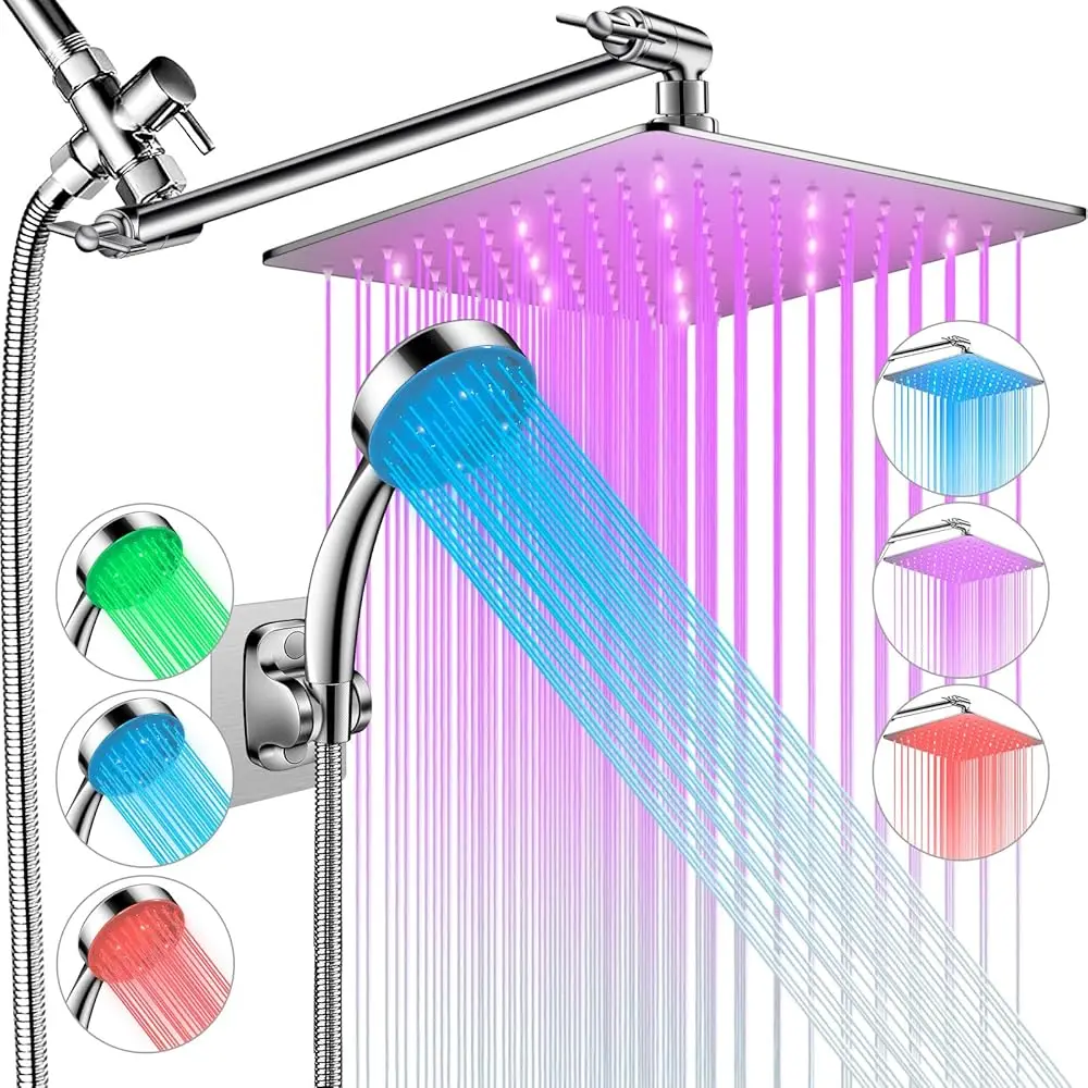 

AllexpreskLED Shower Head with High Pressure 10'' Rain Shower Head, 11'' Adjustable Extension Arm, Color Changing Based On Water