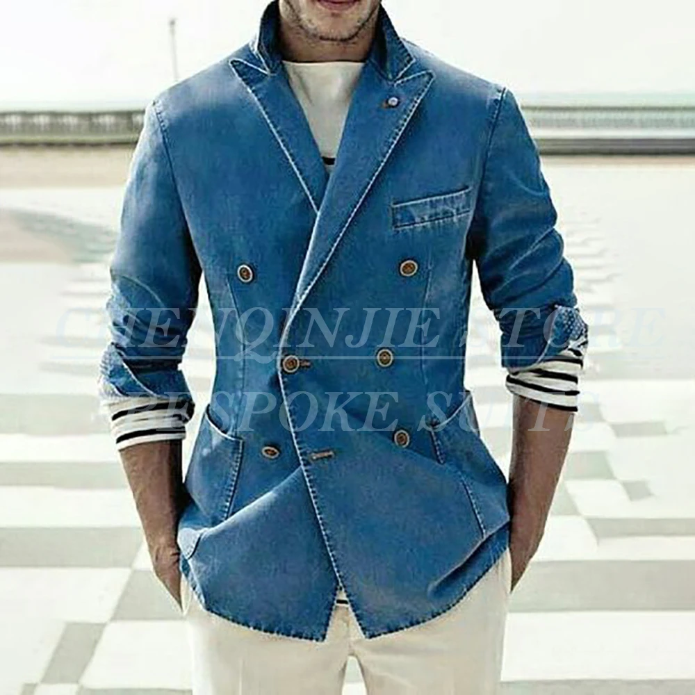 

Bespoke Men's Suits Denim 2 Piece Jacket Pants Full Set Elegant Double Breasted Peak Lapel Slim Fit Male Clothing Costume Homme