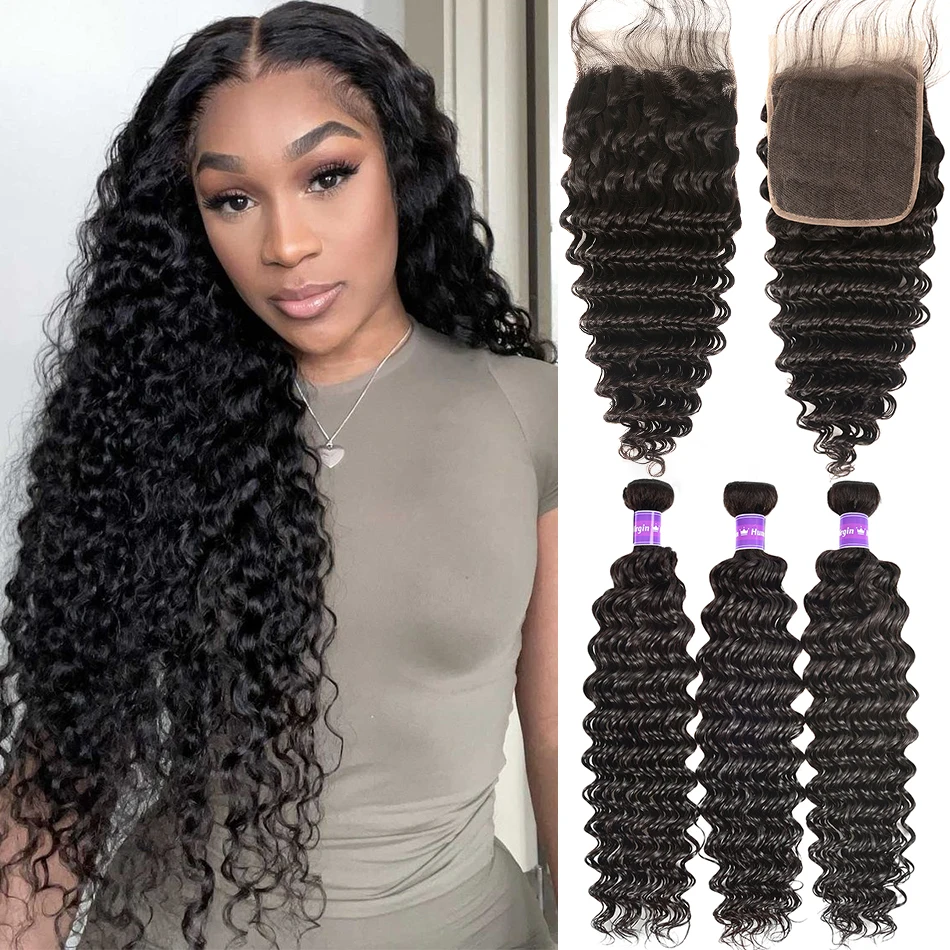 Peruvian Deep Wave Bundles With Frontal 30Inch Water Curly Wave Hair Extension 100% Remy Human Hair Bundels With Closure