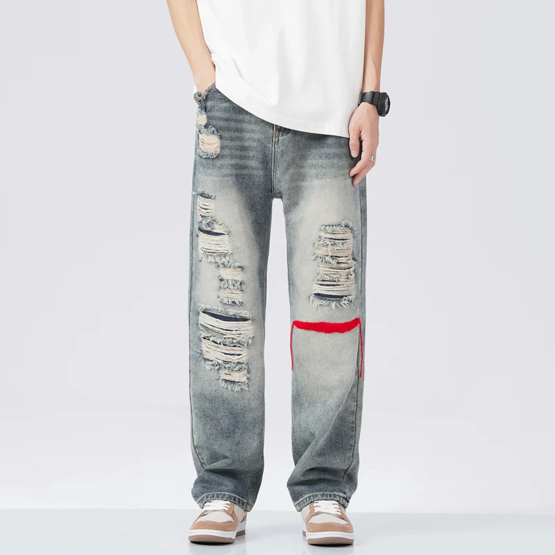 

Spring Summer Men's Fashion Baggy Jeans Man Ripped Loose Jeans Y2k Hole Versatile High Street Denim Pants Retro Washed Trousers